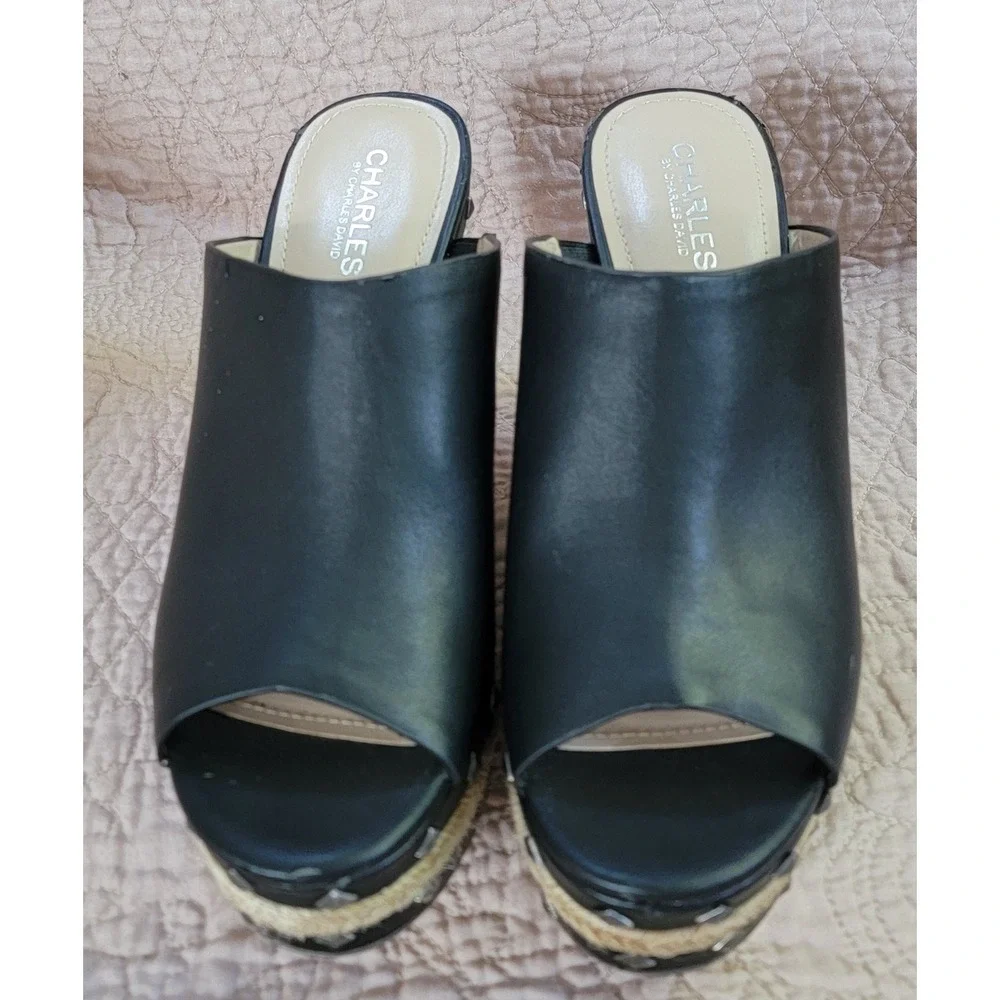 Charles by Charles David Womens Black Studded Espadrille Wedge Mule Sandals 10